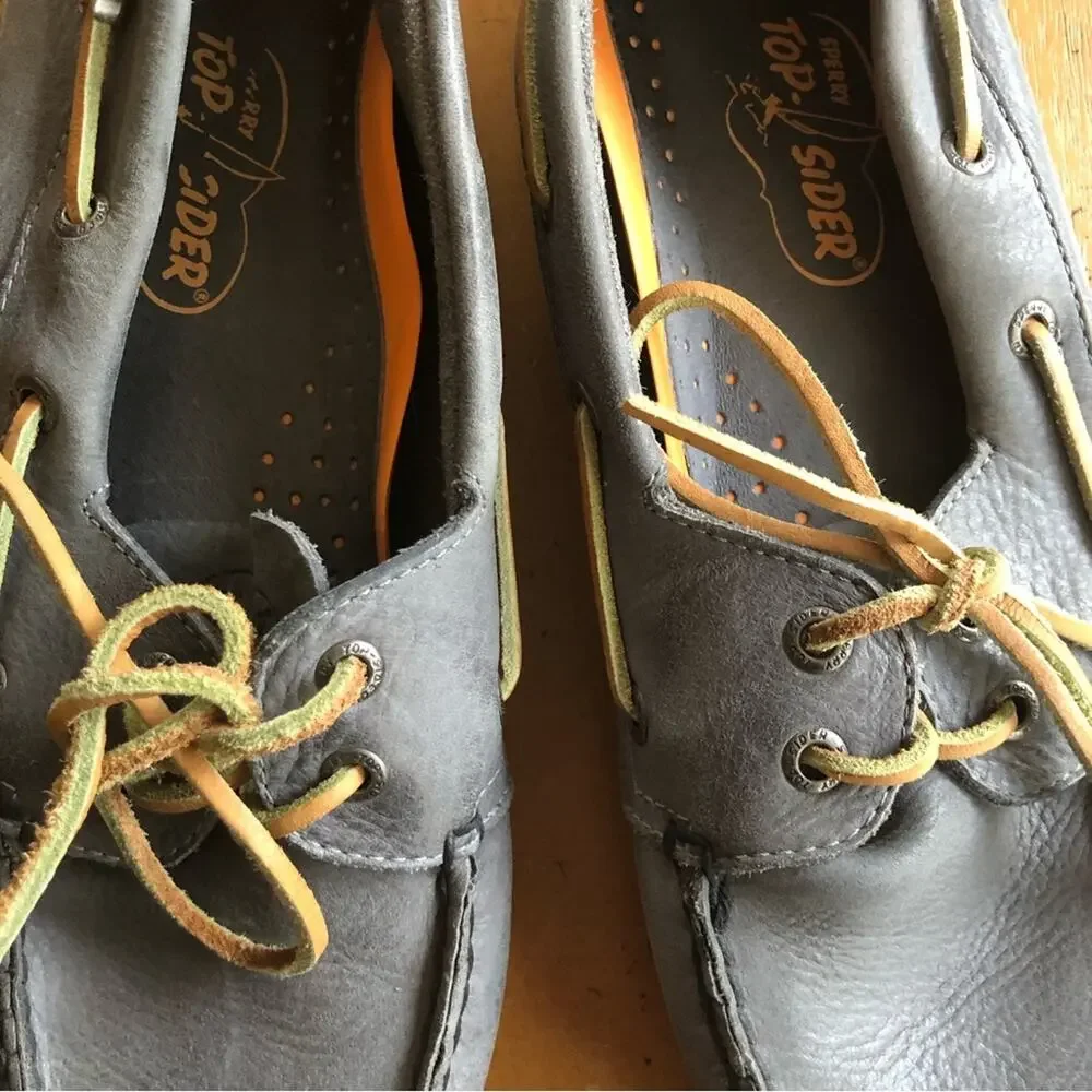 Vintage Boat Shoes Grey Leather Sperry Top-Sider Original Gray Prep Yellow Sole